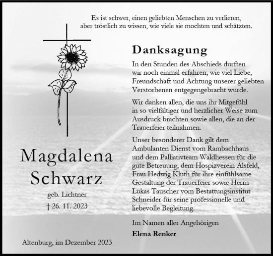 Traueranzeige von Magdalena Schwarz von Oberhessen Kurier