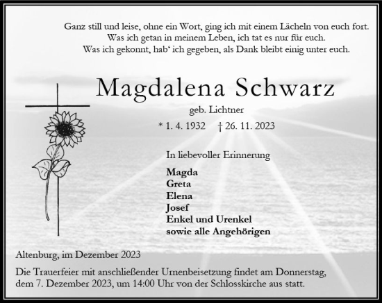 Traueranzeige von Magdalena Schwarz von Oberhessen Kurier