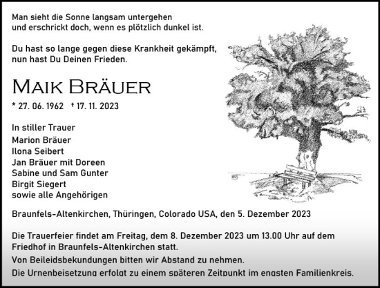 Traueranzeige von Maik Bräuer von Wetzlarer Neue Zeitung