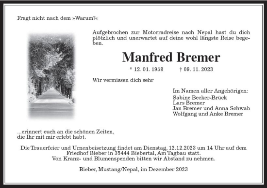 Traueranzeige von Manfred Bremer von Wetzlarer Neue Zeitung