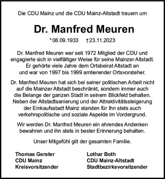 Traueranzeige von Manfred Meuren von Allgemeine Zeitung Mainz
