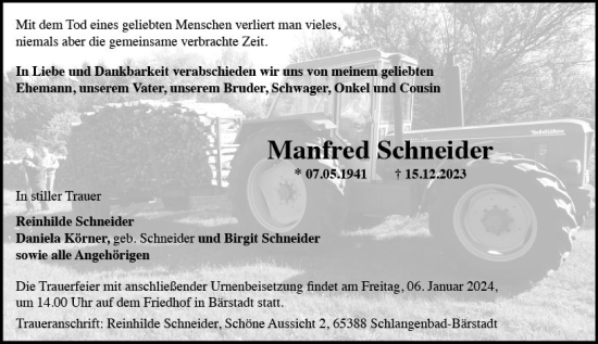 Traueranzeige von Manfred Schneider von Wiesbadener Kurier