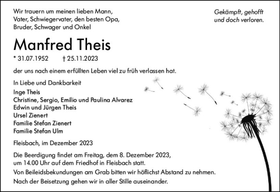 Traueranzeige von Manfred Theis von Dill Block