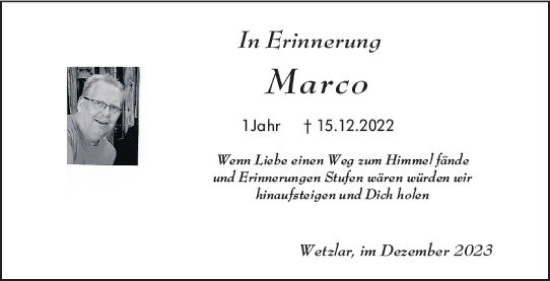 Traueranzeige von Marco Flick von Wetzlarer Neue Zeitung