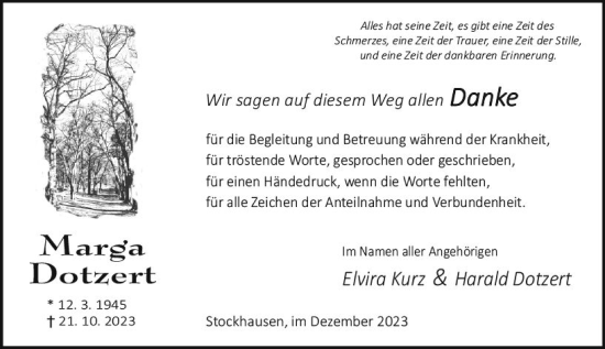 Traueranzeige von Marga Dotzert von VRM Trauer