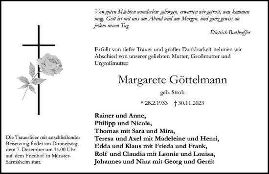 Traueranzeige von Margarete Göttelmann von Allgemeine Zeitung Bingen/Ingelheim