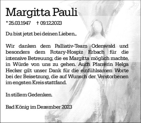 Traueranzeige von Margitta Pauli von Odenwälder Echo