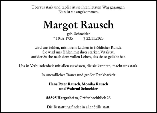 Traueranzeige von Margot Rausch von Allgemeine Zeitung Bad Kreuznach