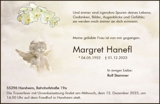 Traueranzeige von Margret Hanefl von Allgemeine Zeitung Mainz