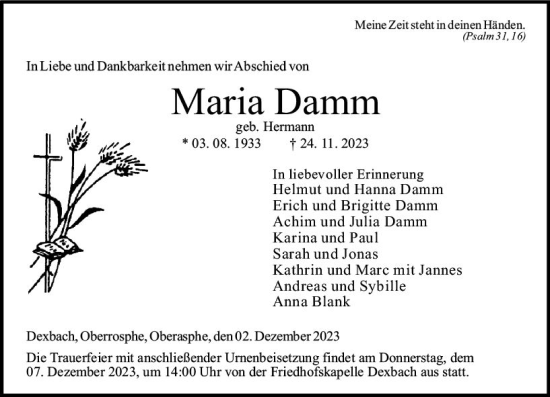 Traueranzeige von Maria Damm von Hinterländer Anzeiger