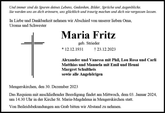 Traueranzeige von Maria Fritz von Weilburger Tageblatt
