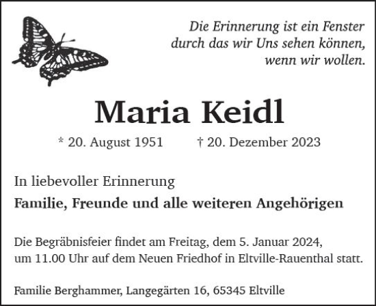 Traueranzeige von Maria Keidl von Rheingau Kurier