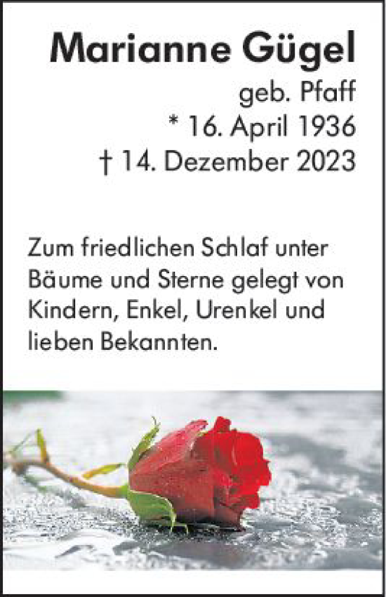 Traueranzeige von Marianne Gügel von Wiesbadener Kurier