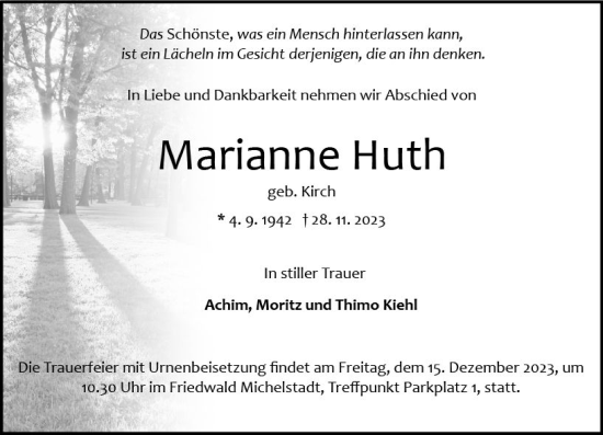 Traueranzeige von Marianne Huth von Odenwälder Echo