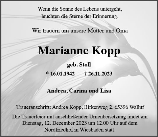 Traueranzeige von Marianne Kopp von Wiesbadener Kurier