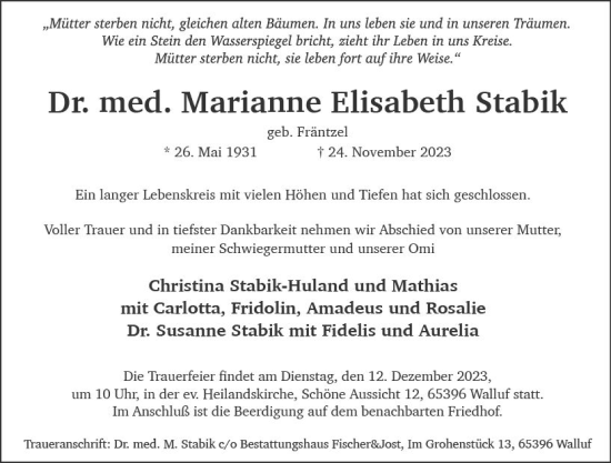 Traueranzeige von Marianne Elisabeth Stabik von Wiesbadener Kurier