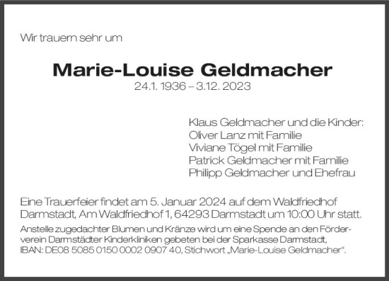 Traueranzeige von Marie-Louise Geldmacher von Darmstädter Echo