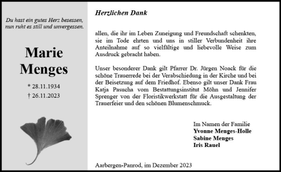 Traueranzeige von Marie Menges von Wiesbadener Kurier