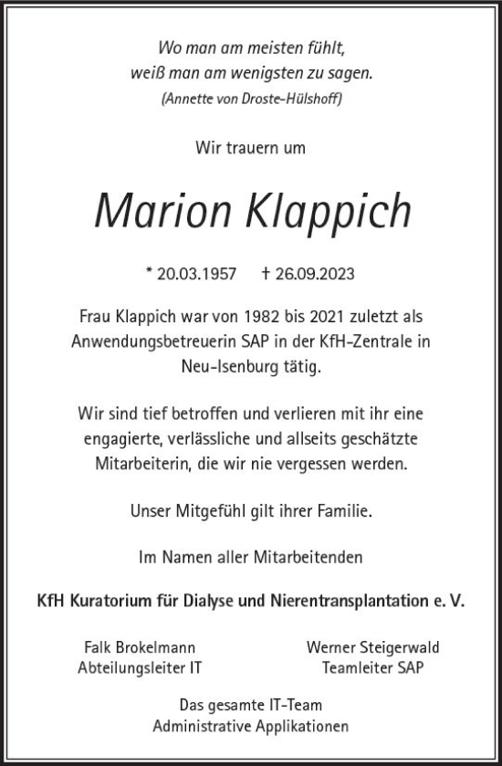 Traueranzeige von Marion Klappich von Odenwälder Echo