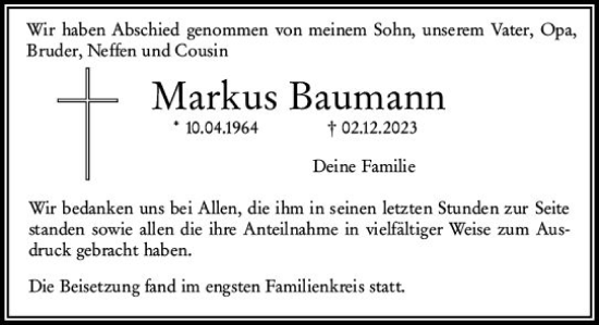 Traueranzeige von Markus Baumann von Wiesbadener Kurier