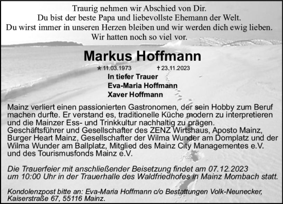Traueranzeige von Markus Hoffmann von Allgemeine Zeitung Mainz