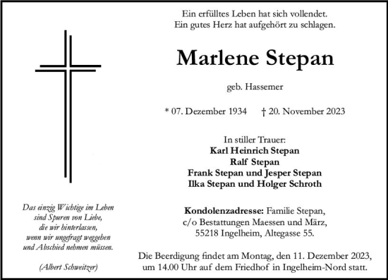 Traueranzeige von Marlene Stepan von Allgemeine Zeitung Bingen/Ingelheim