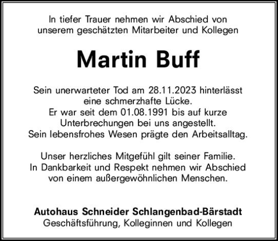 Traueranzeige von Martin Buff von Idsteiner Land/Untertaunus