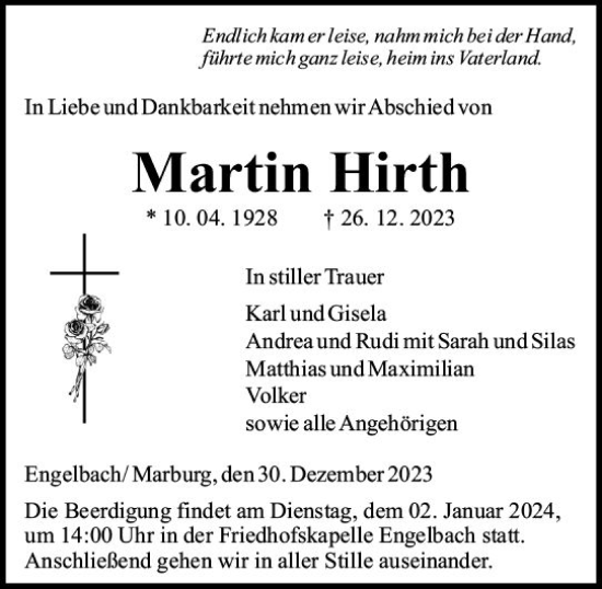 Traueranzeige von Martin Hirth von Hinterländer Anzeiger