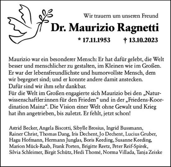 Traueranzeige von Maurizio Ragnetti von Allgemeine Zeitung Mainz