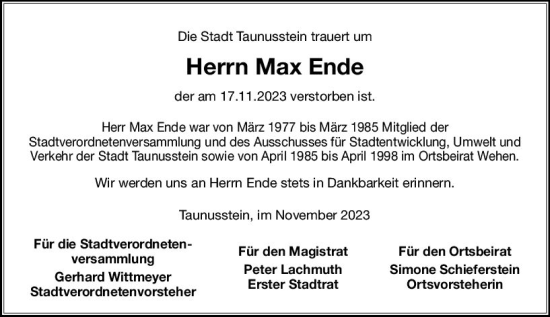 Traueranzeige von Max Ende von Idsteiner Land/Untertaunus