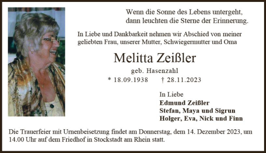 Traueranzeige von Melitta Zeißler von Darmstädter Echo