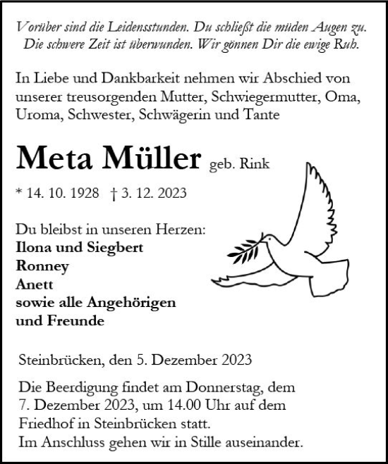 Traueranzeige von Meta Müller von Dill Block
