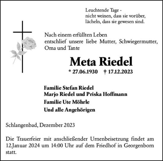Traueranzeige von Meta Riedel von Wiesbadener Kurier