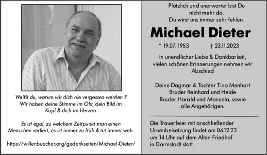 Traueranzeige von Michael Dieter von Darmstädter Echo