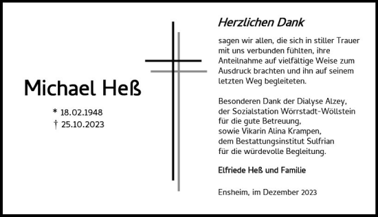 Traueranzeige von Michael Heß von Allgemeine Zeitung Alzey