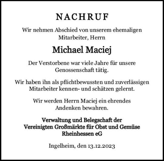 Traueranzeige von Michael Maciej von Allgemeine Zeitung Bingen/Ingelheim