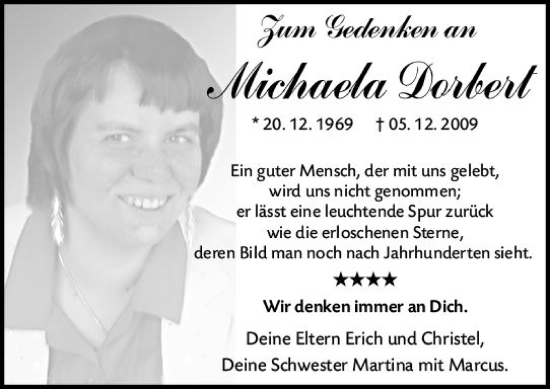 Traueranzeige von Michaela Dorbert von Allgemeine Zeitung Mainz