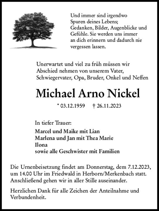 Traueranzeige von Michael Arno Nickel von Dill Block