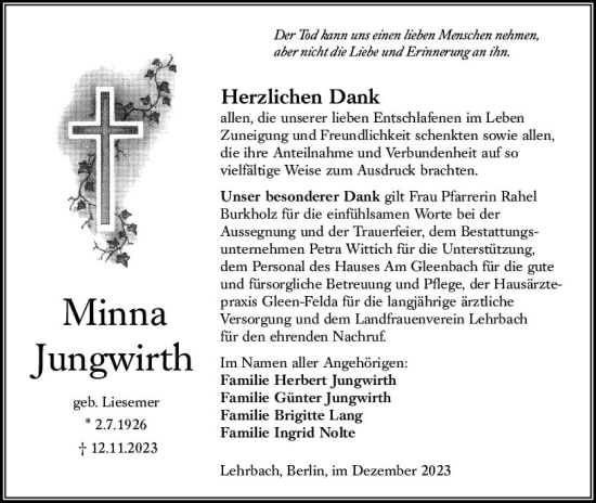 Traueranzeige von Minna Jungwirth von VRM Trauer