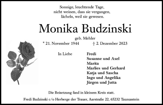 Traueranzeige von Monika Budzinski von Idsteiner Land/Untertaunus