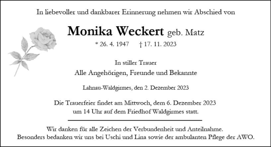 Traueranzeige von Monika Weckert von Wetzlarer Neue Zeitung