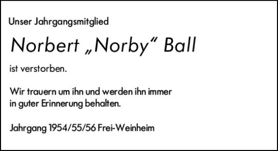 Traueranzeige von Norbert  Ball von Allgemeine Zeitung Bingen/Ingelheim
