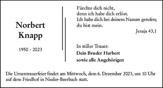Traueranzeige von Norbert Knapp von Darmstädter Echo