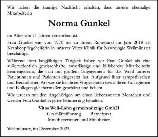 Traueranzeige von Norma Gunkel von Weilburger Tageblatt