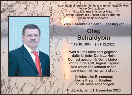 Traueranzeige von Oleg Schaldybin von Weilburger Tageblatt