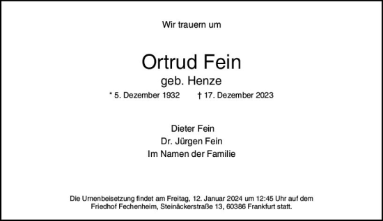 Traueranzeige von Ortrud Fein von Hochheimer Zeitung