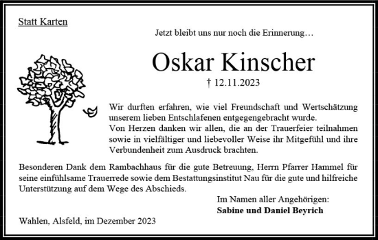 Traueranzeige von Oskar Kinscher von Oberhessen Kurier