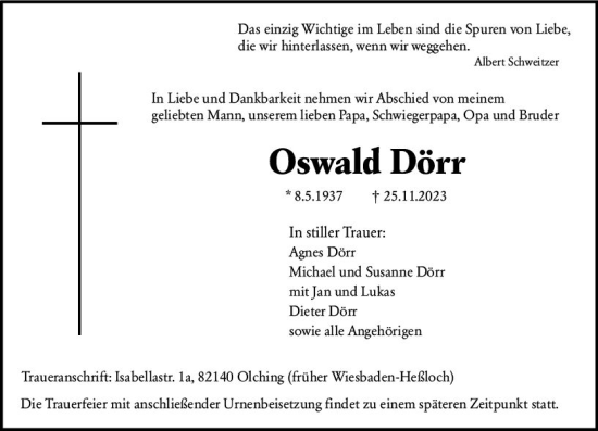 Traueranzeige von Oswald Dörr von Wiesbadener Kurier