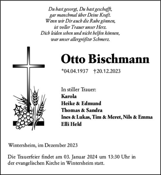 Traueranzeige von Otto Bischmann von Allgemeine Zeitung Mainz