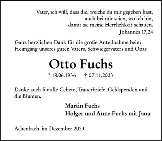 Traueranzeige von Otto Fuchs von Hinterländer Anzeiger